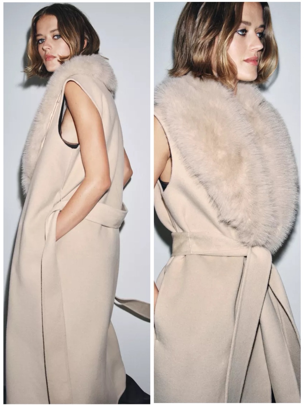 Zara Faux Fur Collar Wool Waistcoat Sleeveless Self-Tie Belt Ecru Small